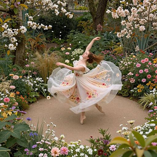 Photograph of a woman in a flowing floral dress twirling in a vibrant, flower-filled garden with white blossoms and colorful petals.