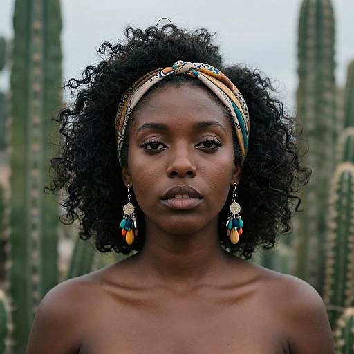 Photograph of a serious, topless African woman with dark curly hair, colorful headband, and dangling earrings, set against a desert cactus background