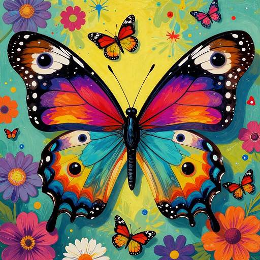 Vibrant digital art of a large, multicolored butterfly with eye-like patterns, surrounded by smaller butterflies and vivid flowers on a yellow-green background