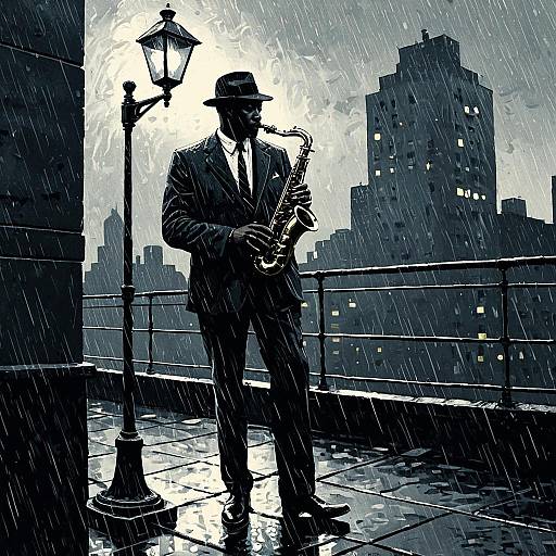 Jazz Saxophonist on Rainy Urban Rooftop