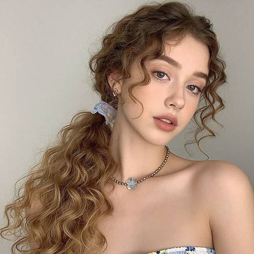 Photograph of a young woman with curly brown hair in a side ponytail, wearing a silver necklace, light makeup, and a strapless top,