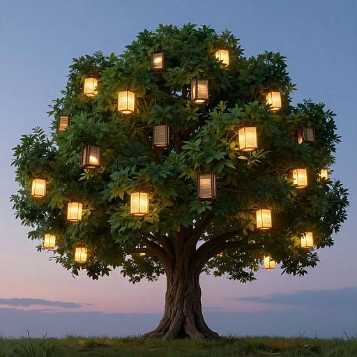 Photograph of a glowing lantern-adorned tree at twilight, with warm lights nestled in dark green leaves against a blue-purple sky.