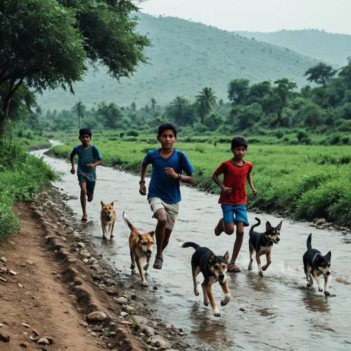 Boys Running with Dogs in Indian Countryside