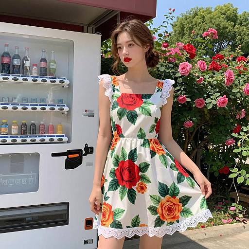 Woman in Floral Summer Dress by Vending Machine