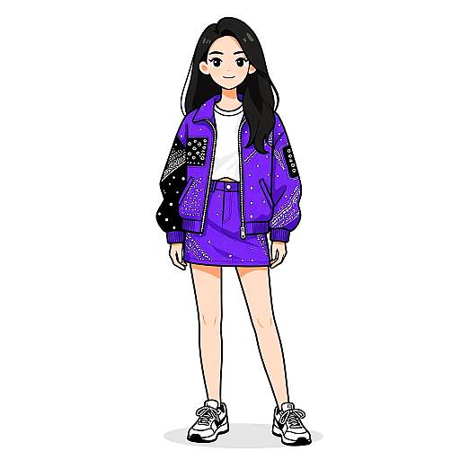 Digital anime-style drawing of a young woman with long black hair, wearing a purple jacket with star patterns, white shirt, and purple shorts, standing confidently