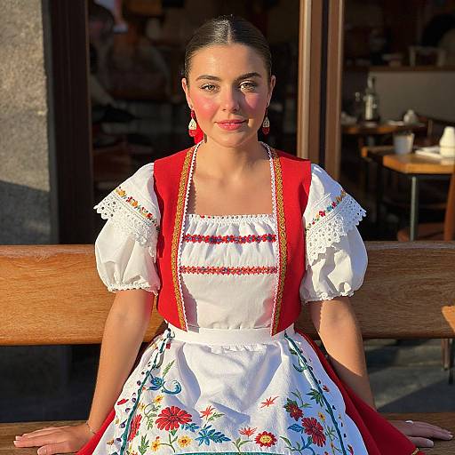 Photograph of a smiling woman with dark hair in a traditional Spanish dress, red vest, white blouse, and floral skirt, sitting on a wooden bench