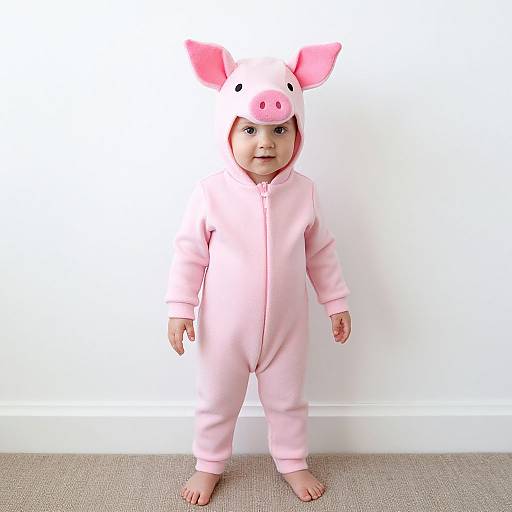Photograph of a baby wearing a pink pig onesie with pink ears and nose, standing barefoot on beige carpet against a white wall.