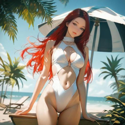 Tropical Beach Scene with Red-Haired Woman Tropical Beach Scene with Red-Haired Woman