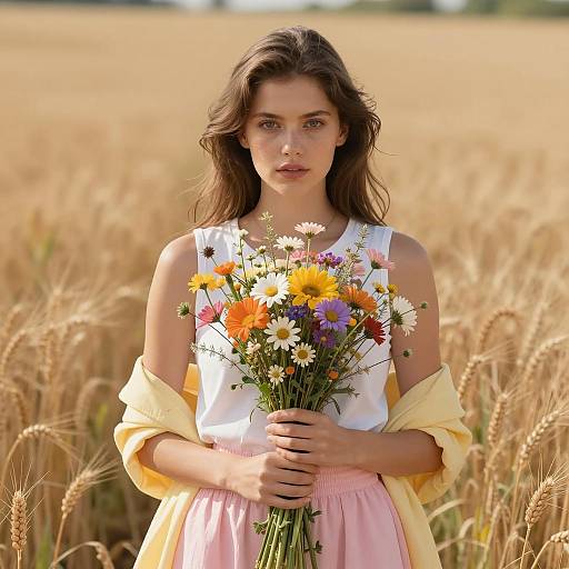 Young Woman in Wheat Field with Flowers
