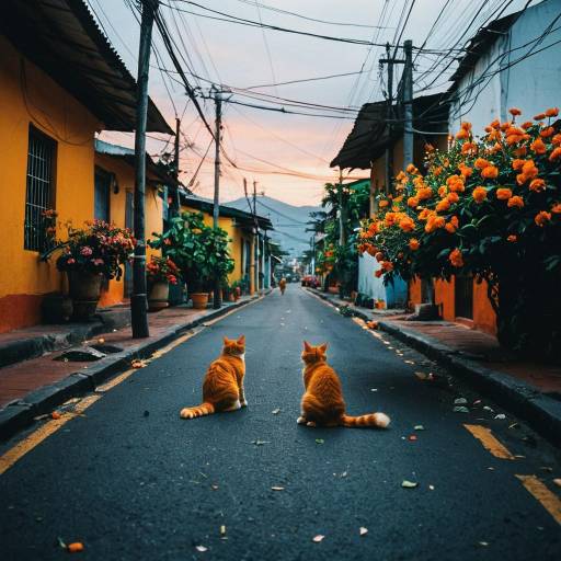Two Orange Cats Sitting on Latin American Street at Sunset