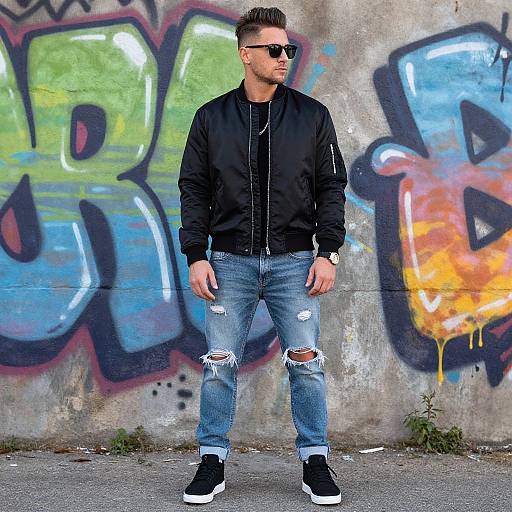 Photograph of a muscular man with short brown hair, sunglasses, black jacket, ripped blue jeans, and black sneakers, standing against a colorful graffiti wall