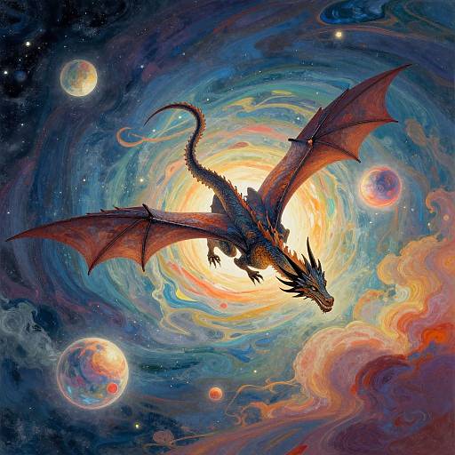 Digital painting of a black dragon with red wings soaring through a vibrant, swirling cosmic landscape filled with colorful planets and galaxies.