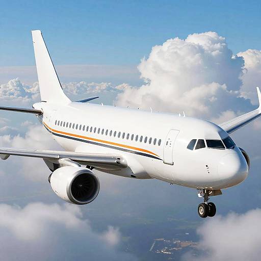 Photograph of a white commercial jet with yellow and black stripes, flying through a bright blue sky with fluffy white clouds.