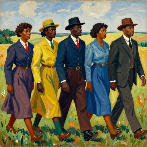 Oil painting of five Black people walking in a sunlit field, wearing 1940s-style clothing in blue, yellow, dark suits, and hats