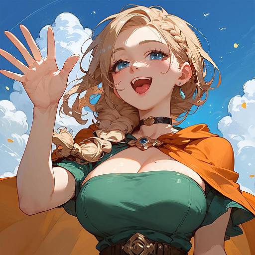 Anime-style digital drawing of a blonde, blue-eyed woman with large breasts, green top, orange cape, waving, smiling, against a bright blue sky