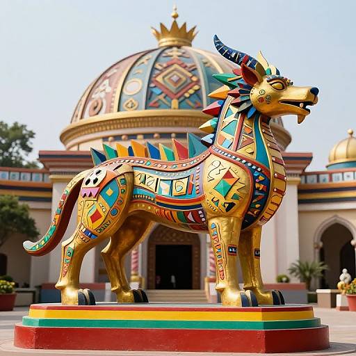 Photograph of a colorful, intricately patterned, golden lion statue with multicolored spikes and geometric designs, standing in front of an ornate