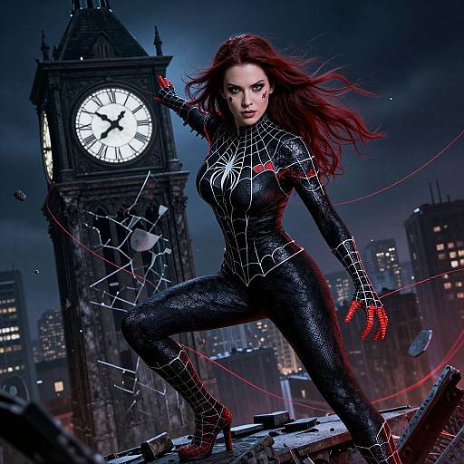 CGI image of a red-haired woman in a black spider-web-patterned suit, red gloves, and spider emblem, crouching on rubble before