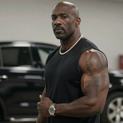 Muscular Bald Man with Tattoo Portrait