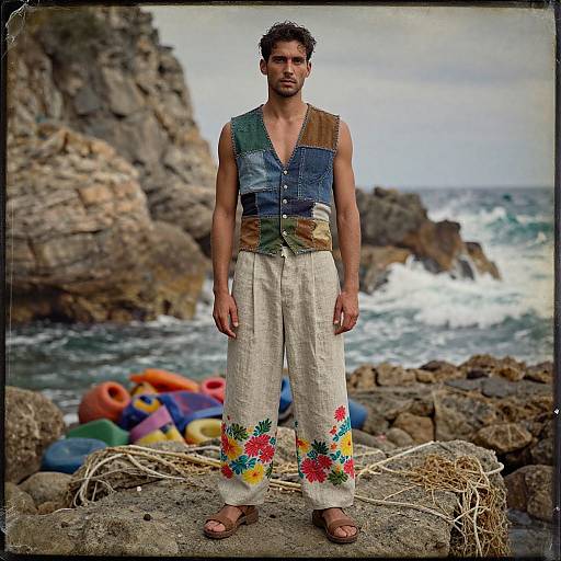 Photograph of a rugged, muscular man with dark hair, wearing a sleeveless, patchwork vest and white pants with colorful floral designs, standing on