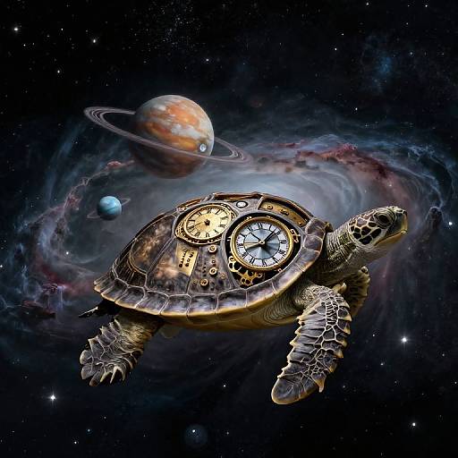 Digital artwork of a futuristic turtle with clock faces on its shell, floating in space with a planet and ringed planet.
