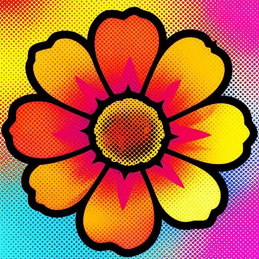Bright, colorful pop art-style digital flower with bold black outlines, yellow and orange petals, pink accents, and a dotted yellow center on a gradient rainbow