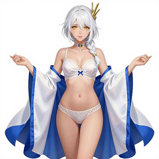 Digital anime-style artwork of a white-haired woman with golden eyes, wearing white lace lingerie, blue ribbon choker, and a blue and white kimono