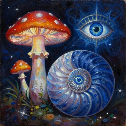 Mystical Psychedelic Mushroom and Nautilus Shell Oil Painting