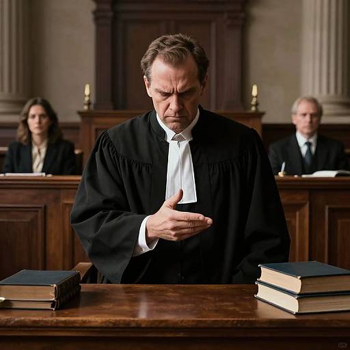 Photograph of a serious male judge in black robe, white shirt, pointing at books on a wooden table in a courtroom. Two other judges sit blurred
