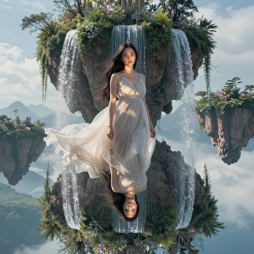 Digital artwork of a serene Asian woman with long black hair, wearing a flowing white dress, floating above a floating rock with waterfall, surrounded by lush green