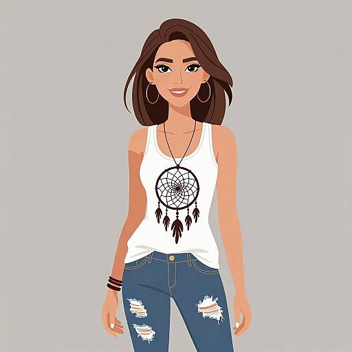 Digital illustration of a smiling woman with brown hair, wearing a white tank top with a dreamcatcher design, blue ripped jeans, large hoop earrings,