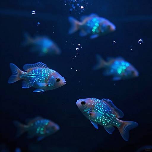 Photograph of glowing blue fish with bioluminescent spots swimming in a dark, underwater blue environment, surrounded by tiny bubbles.