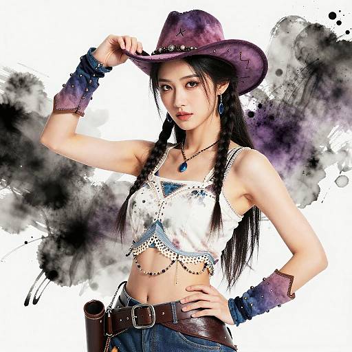 Digital art of a confident Asian woman in a purple cowboy hat, white lace crop top, and blue jeans, with black ink splatters background. She
