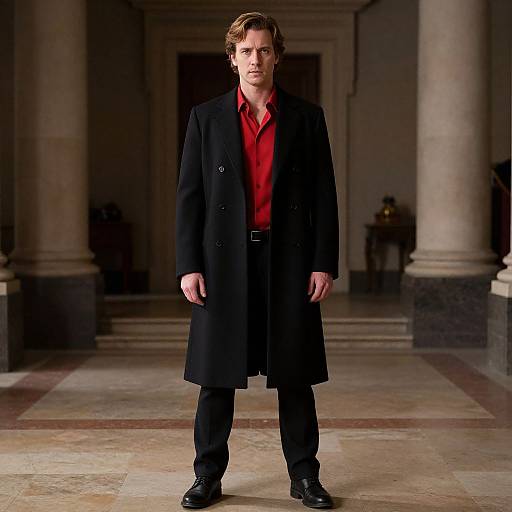 Photograph of a serious-looking man with wavy brown hair, wearing a black coat over a red shirt, standing in a grand, dimly-l