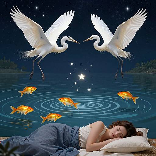 Dreamy night scene: Woman sleeping by lake, surrounded by goldfish and white cranes with glowing wings, under a starry sky.