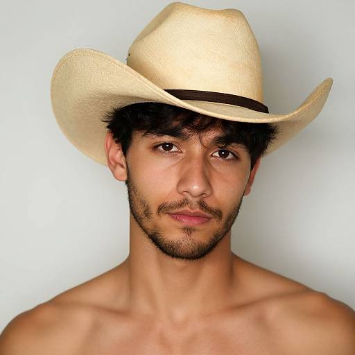 Photograph of a shirtless young man with medium brown skin, dark hair, and a trimmed beard, wearing a cream-colored cowboy hat against a plain