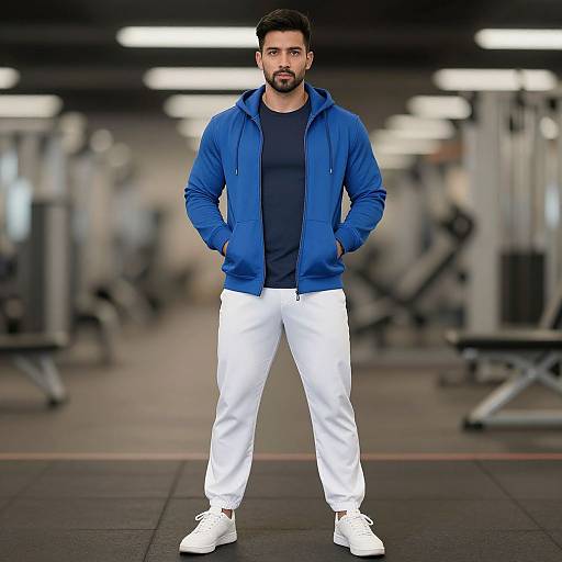 Photograph of a muscular, bearded man with short dark hair, wearing a blue jacket, black shirt, white pants, and white sneakers, standing