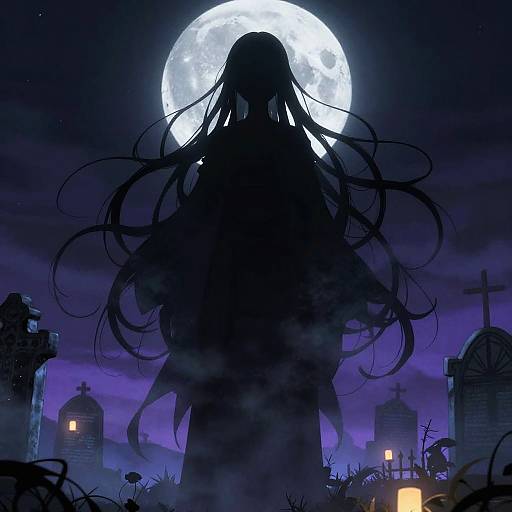Silhouetted anime girl with long hair stands against a full moon, surrounded by eerie, glowing tombstones and crosses under a dark purple sky.