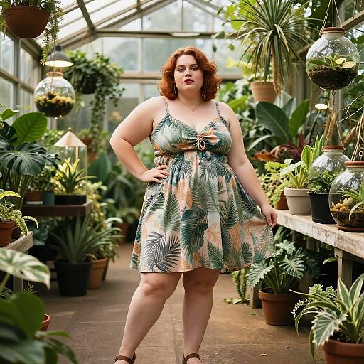Confident Plus-Size Woman in Sunlit Greenhouse