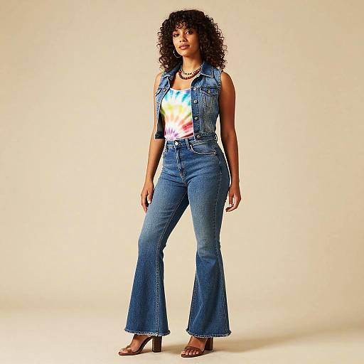 Photograph of a curly-haired Black woman in a sleeveless denim vest, colorful tie-dye shirt, high-waisted blue jeans, and brown