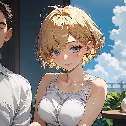 Digital anime-style drawing of a cute blonde woman with blue eyes, short wavy hair, and large breasts, wearing a white tank top, smiling,