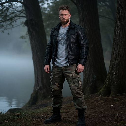 Muscular Bearded Man in Misty Forest