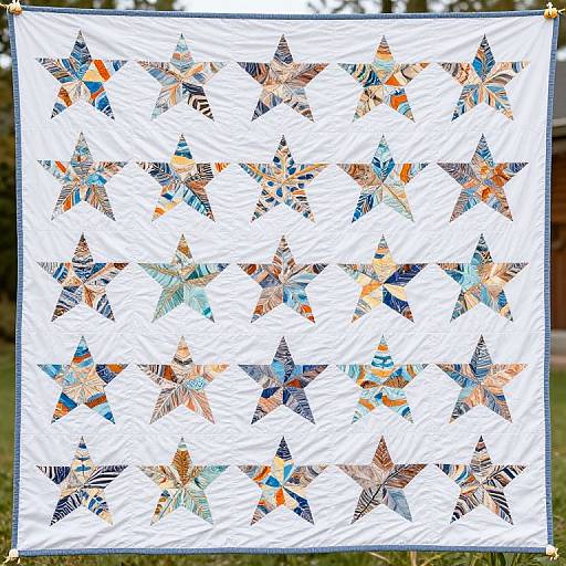 Photograph of a white quilt featuring a grid of colorful, triangular fabric patterns with autumnal and tropical motifs, hanging outdoors.