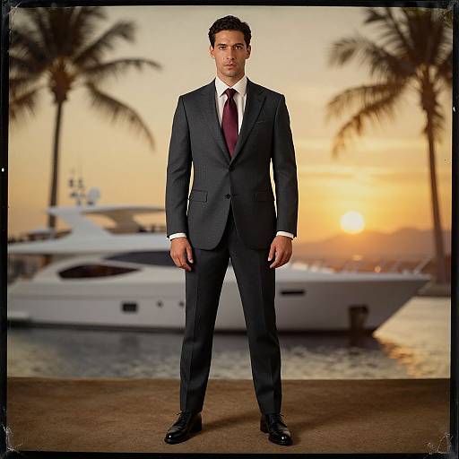 Photograph of a handsome man in a dark gray suit, white shirt, and maroon tie, standing in front of a sunset over a luxury yacht