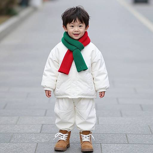 Photograph of a cute Asian toddler with black hair, wearing a white winter outfit, red scarf, green scarf, and brown boots, standing on a