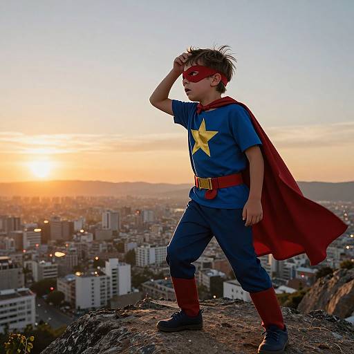 Photograph of a young boy in a Superman costume, red cape, mask, and star, standing on a rooftop at sunset, looking into the distance