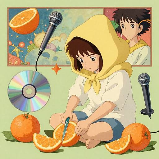 Anime-style digital illustration: Brown-haired girl in yellow hood, white shirt, blue shorts, cutting oranges with microphone props and CD backdrop.