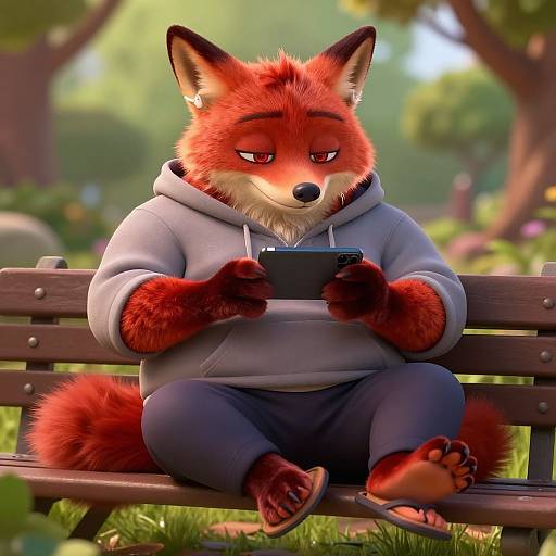 A digital illustration of a red fox anthropomorphic character in a grey hoodie, sitting on a wooden bench, intently using a tablet in a sunny,