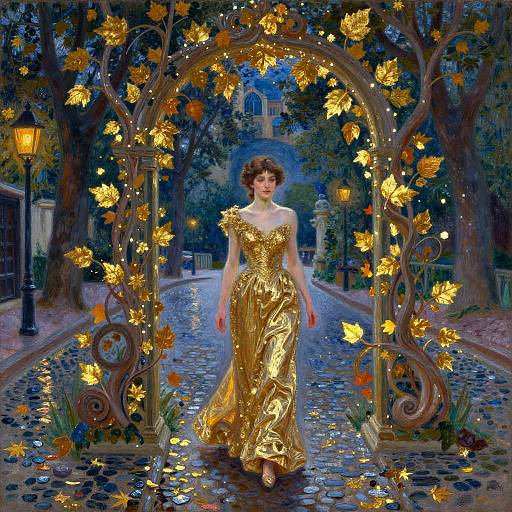 Golden Gown Under Moonlit Gilded Arches