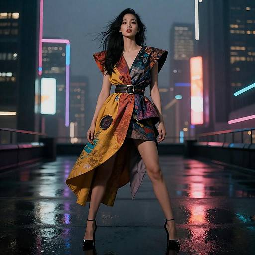 Photograph of a confident woman with long black hair, wearing a colorful, asymmetrical dress with bold patterns, black belt, and high heels, standing
