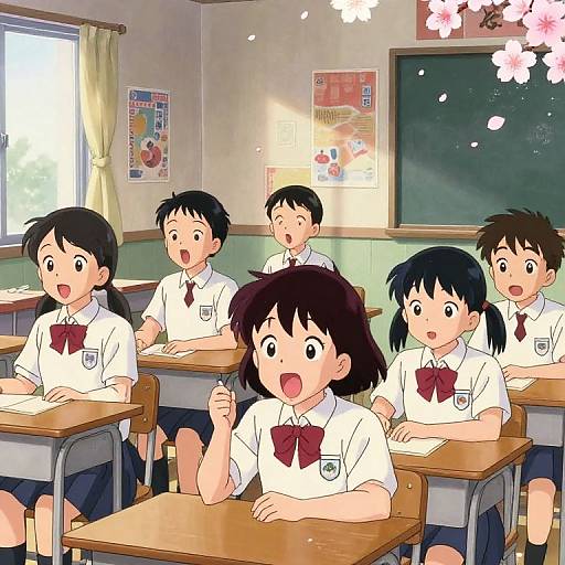 Anime-style drawing of six excited elementary school students in white shirts and red bows, sitting in a sunlit classroom with cherry blossoms outside. Chalk